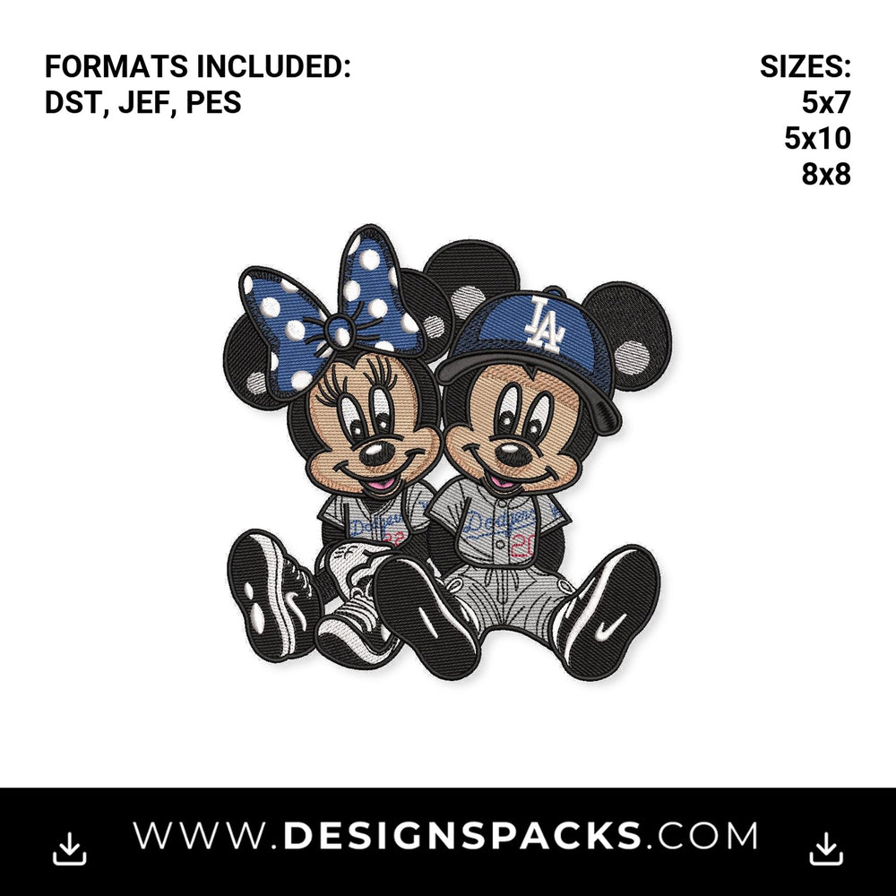 Mickey and Minnie LA Dodgers Baseball Embroidery Design - Instant digital download pattern at Designspacks.com