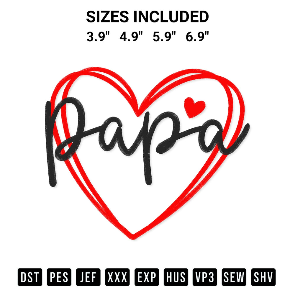Stitch like a pro with the Papa Hearts Embroidery Design embroidery pattern from Designspacks.com. High-quality digital machine embroidery file. Available sizes: 3.9", 4.9", 5.9", 6.9".