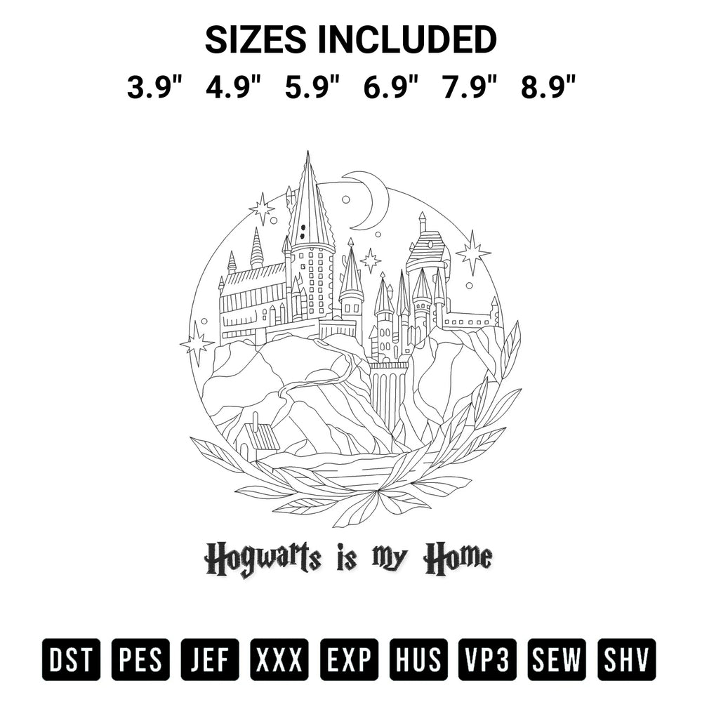 Stitch like a pro with the Hogwarts Is My Home Embroidery Design embroidery pattern from Designspacks.com. High-quality digital machine embroidery file. Available sizes: 3.9", 4.9", 5.9", 6.9", 7.9", 8.9".