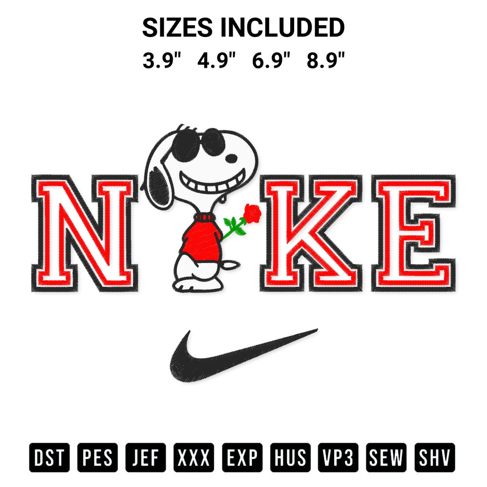 Discover the perfect addition to your crafting collection: Nike Snoopy Holding Rose Embroidery Design embroidery file. Instantly available at Designspacks.com. Available sizes: 3.9", 4.9", 6.9", 8.9".