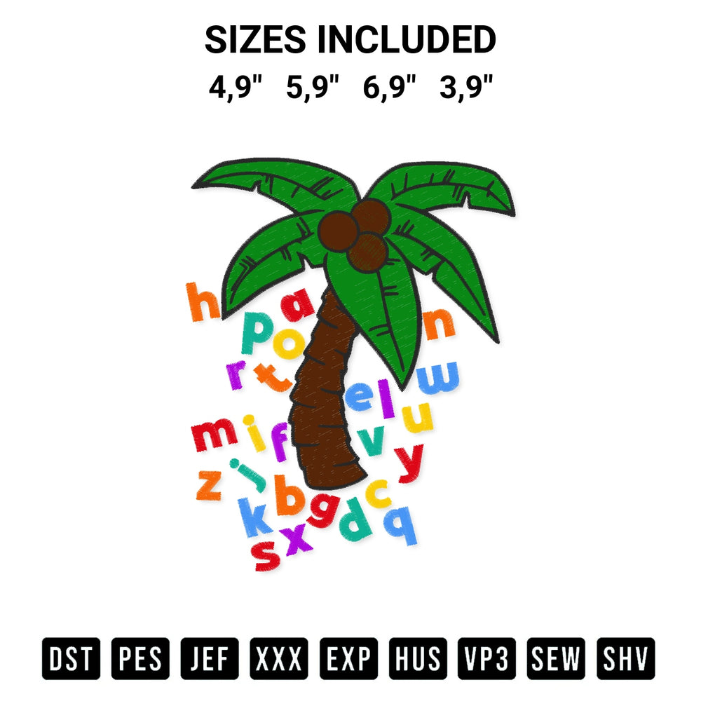 Get the Chicka Chicka Boom Boom Coconut Tree Alphabet Logo Embroidery Design embroidery design for your custom crafts! Premium digitized files available for instant download at Designspacks.com. Available sizes: 4,9", 5,9", 6,9", 3,9".