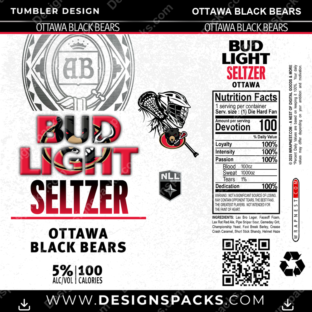 Lacrosse Bud Light Seltzer Ottawa Black Bears Tumbler Digital Wrap Design