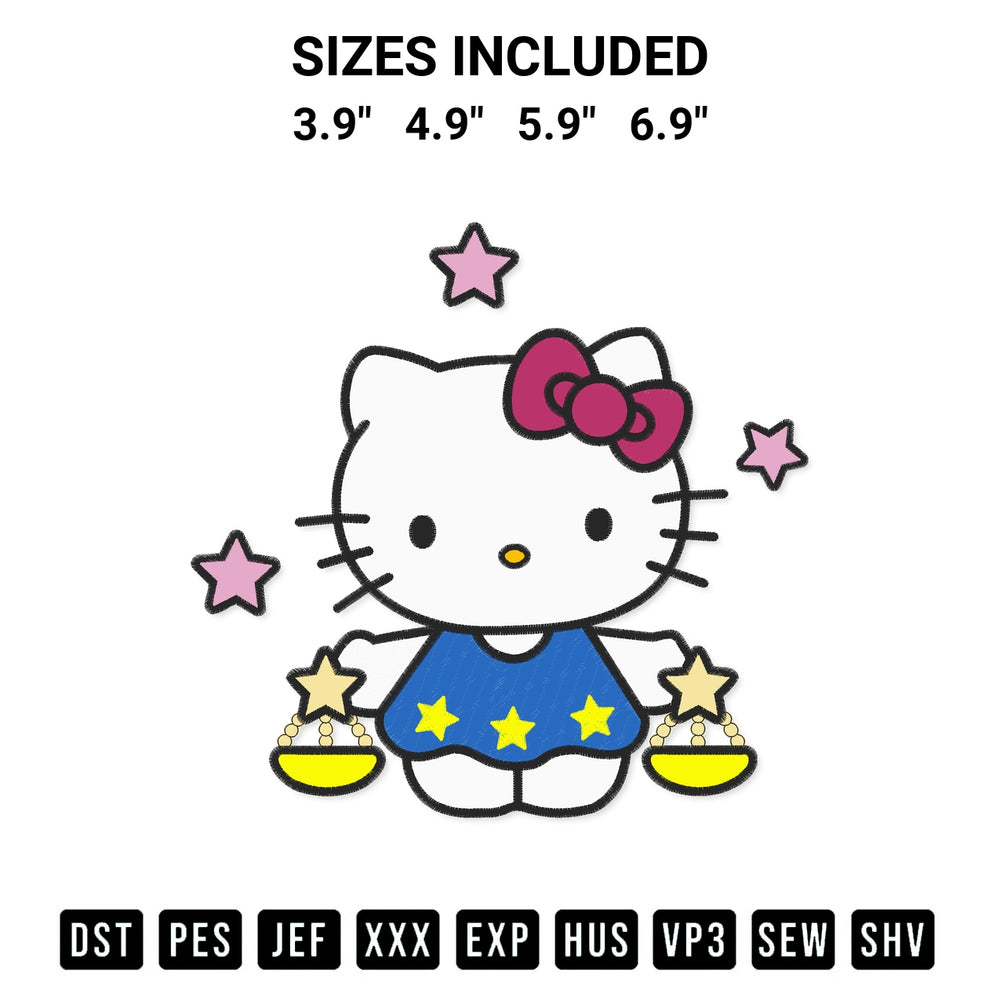 Shop the Hello Kitty Libra Embroidery Design machine embroidery pattern at Designspacks.com. Beautifully digitized for flawless stitching on any fabric. Available sizes: 3.9", 4.9", 5.9", 6.9".