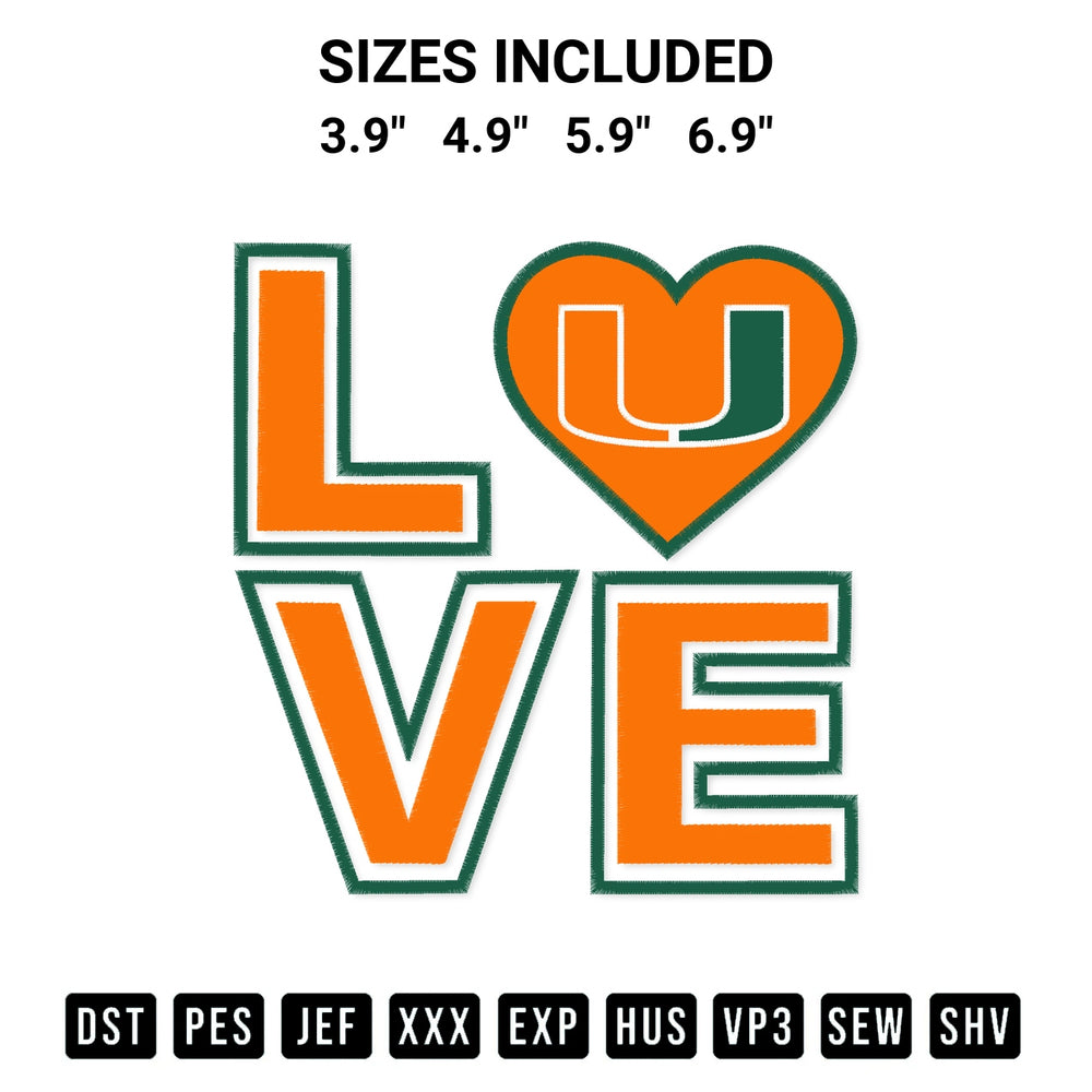 Add a unique touch to your apparel with the Love Miami Hurricanes Embroidery Design embroidery file. Premium instant download available now on Designspacks.com. Available sizes: 3.9", 4.9", 5.9", 6.9".