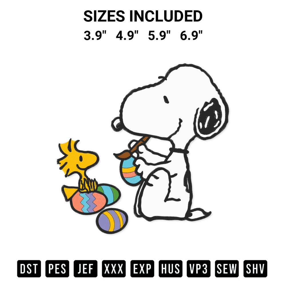 Transform your fabrics with the Snoopy And Woodstock Easter Eggs Embroidery Design embroidery design. Instant access to premium digitized patterns at Designspacks.com. Available sizes: 3.9", 4.9", 5.9", 6.9".