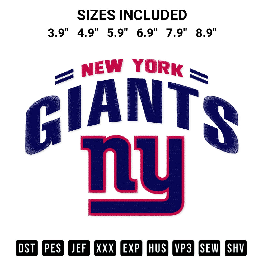 Discover the perfect addition to your crafting collection: New York Giants Ny Embroidery Design embroidery file. Instantly available at Designspacks.com. Available sizes: 3.9", 4.9", 5.9", 6.9", 7.9", 8.9".