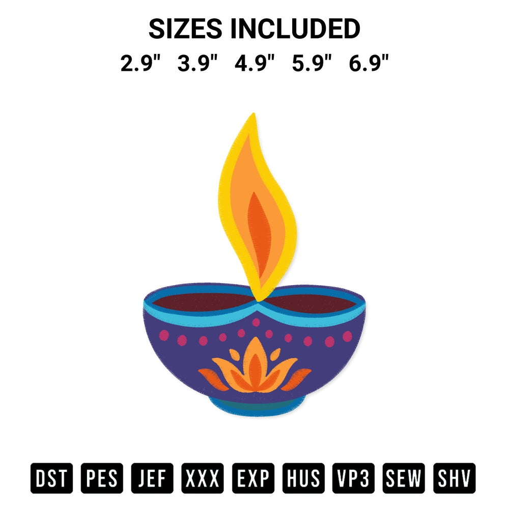 Elevate your next project with our Diya Oil Lamp Embroidery Design embroidery file. Shop high-quality digital patterns instantly at Designspacks.com. Available sizes: 2.9", 3.9", 4.9", 5.9", 6.9".