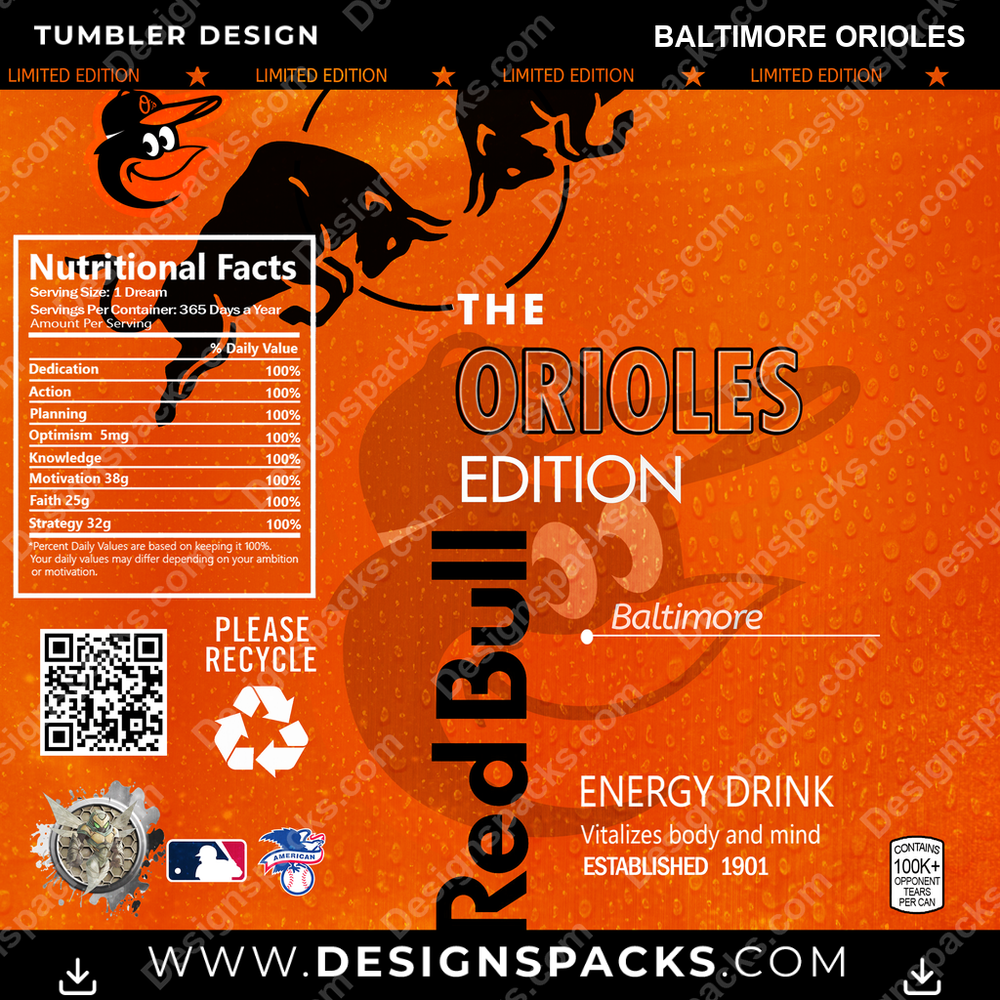 Baseball Red Bull Baltimore Orioles Tumbler Digital Wrap Design