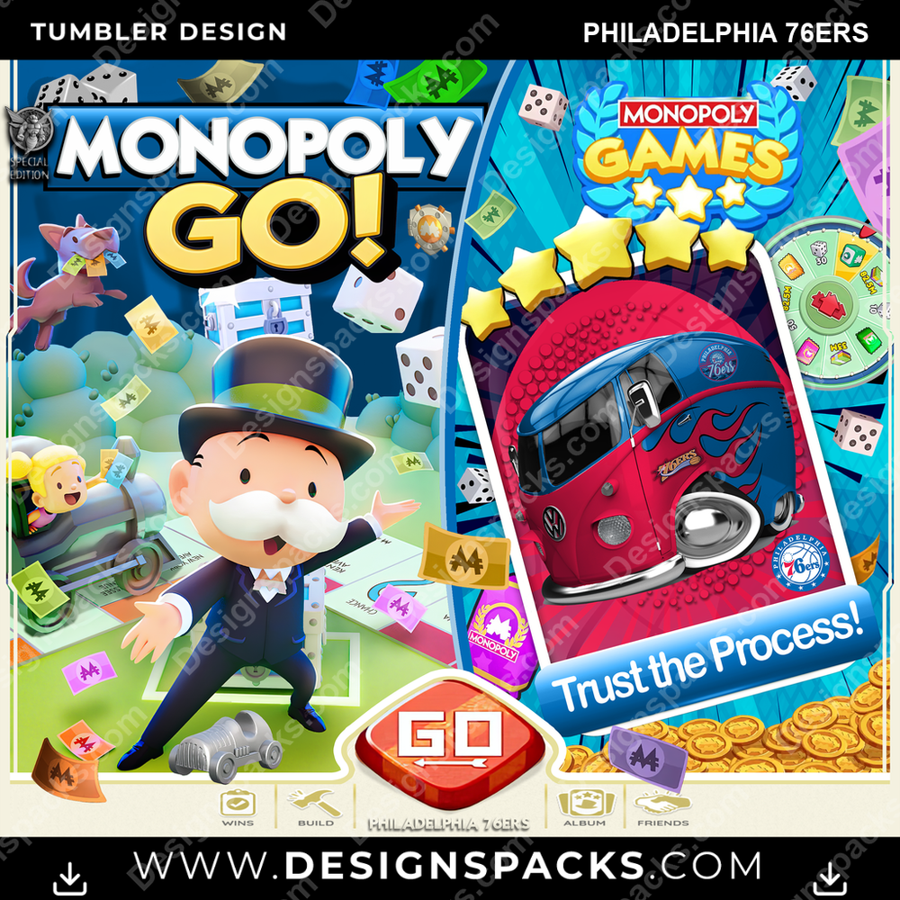 Basketball Monopoly Go! Philadelphia 76ers NBA Basketball Tumbler Digital Wrap Design Download