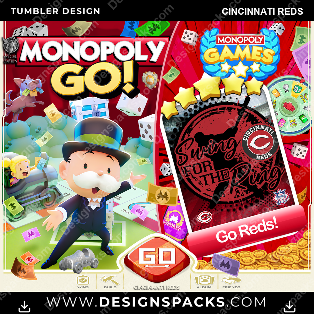 Baseball Monopoly Go! Cincinnati Reds Tumbler Digital Wrap Design