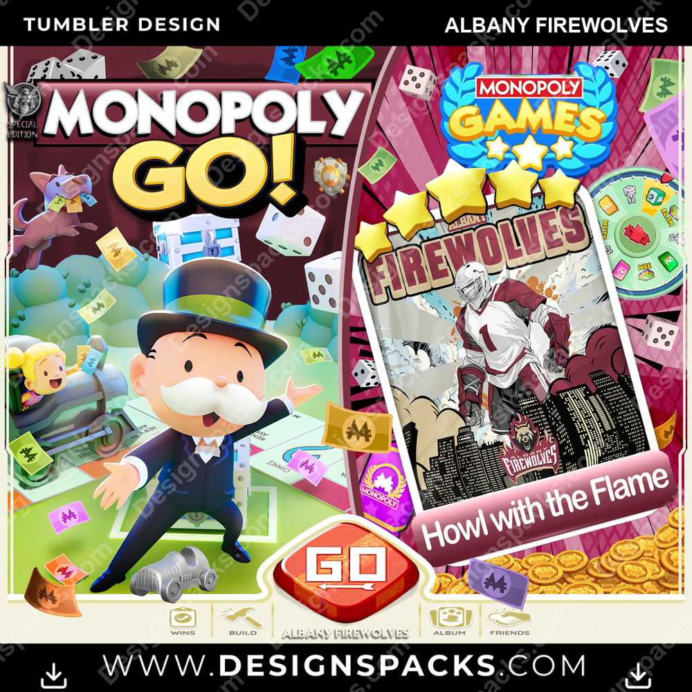 Lacrosse Monopoly Go! Albany FireWolves Tumbler Digital Wrap Design