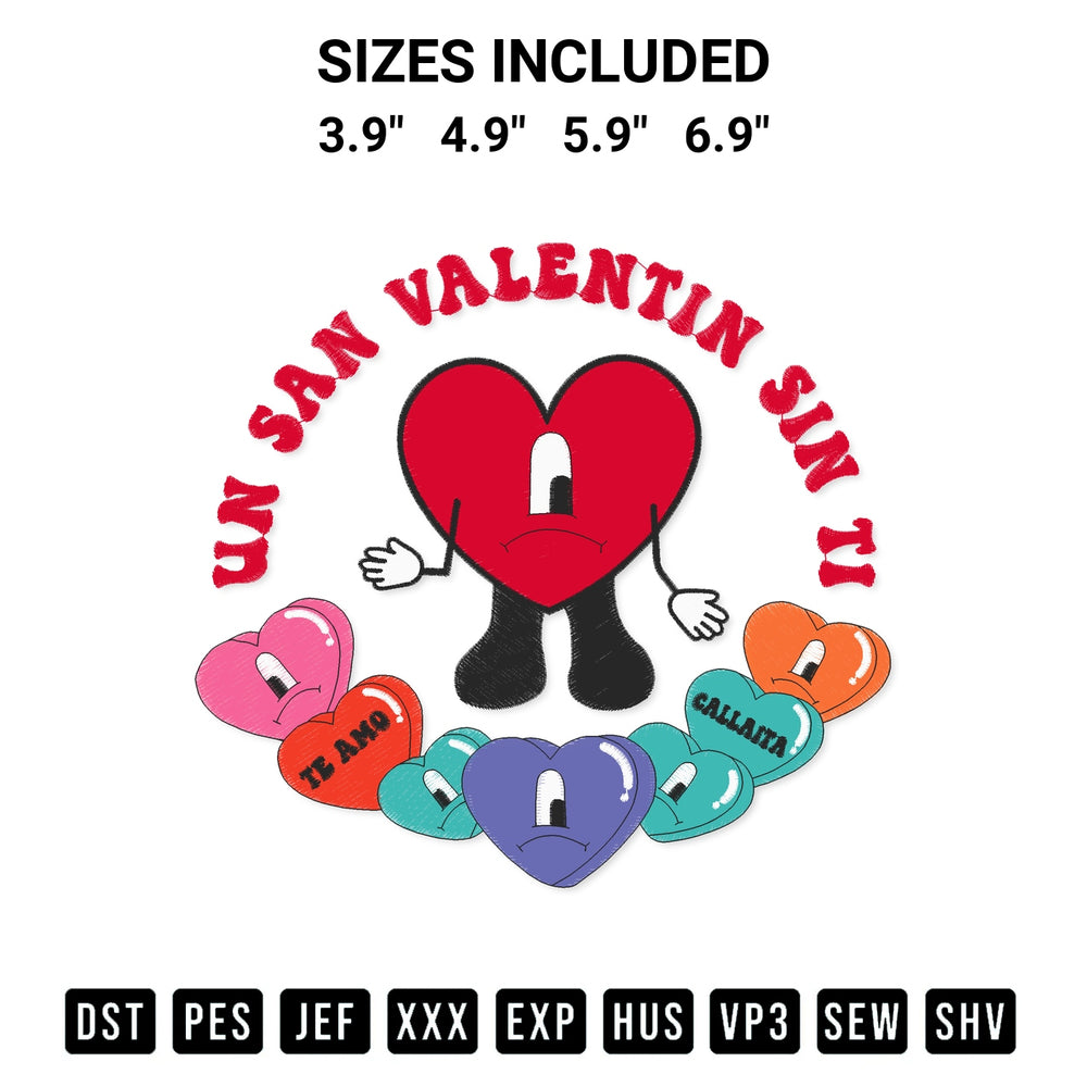 Download the Bad Bunny Un San Valentin Sin Ti Sad Hearts Valentines Day Embroidery Design machine embroidery design exclusively at Designspacks.com. Premium digitized pattern for apparel and DIY crafts. Available sizes: 3.9", 4.9", 5.9", 6.9".