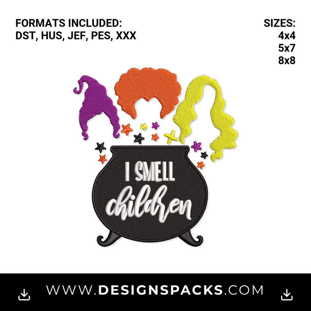 I Smell Children Halloween Witch Cauldron Embroidery Design - Instant digital download pattern at Designspacks.com