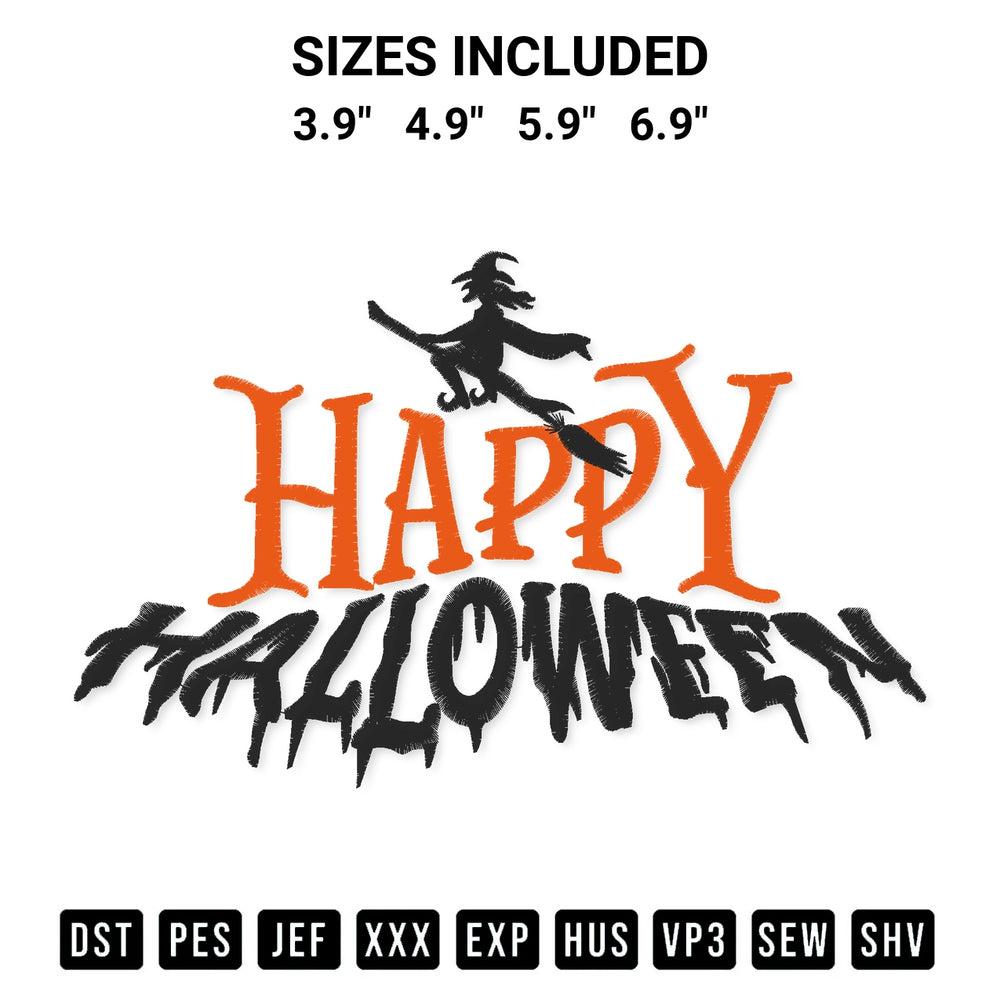 Create amazing crafts with the Witch Happy Halloween Embroidery Design embroidery file. High-quality digital download from Designspacks.com, perfect for beginners and pros. Available sizes: 3.9", 4.9", 5.9", 6.9".