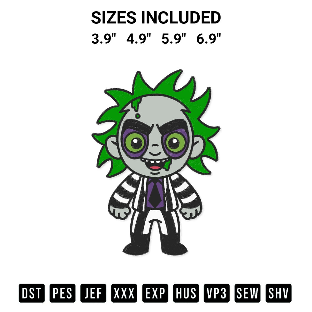 Stitch like a pro with the Beetlejuice Chibi Embroidery Design embroidery pattern from Designspacks.com. High-quality digital machine embroidery file. Available sizes: 3.9", 4.9", 5.9", 6.9".