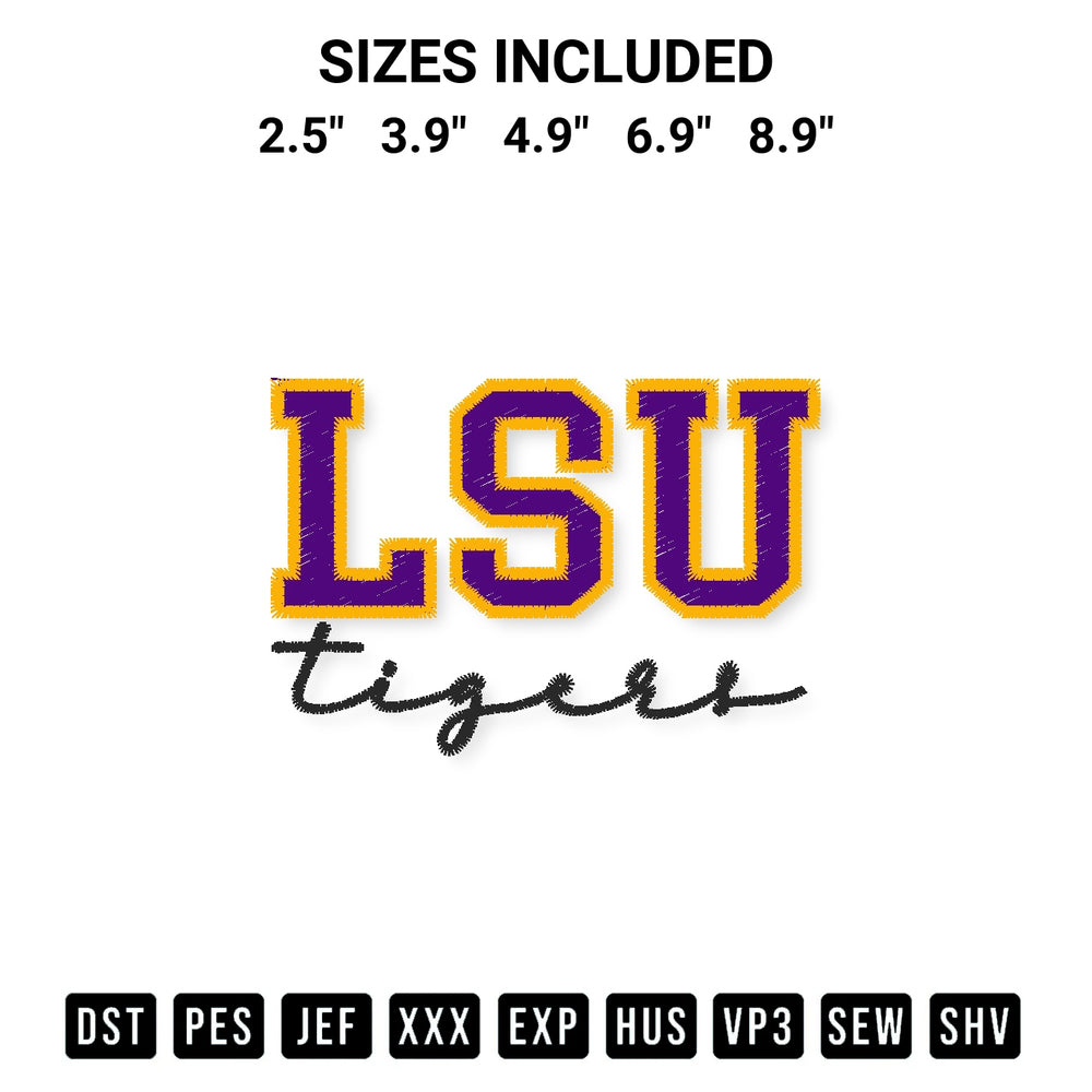 Transform your fabrics with the Lsu Tigers Football Embroidery Design embroidery design. Instant access to premium digitized patterns at Designspacks.com. Available sizes: 2.5", 3.9", 4.9", 6.9", 8.9".