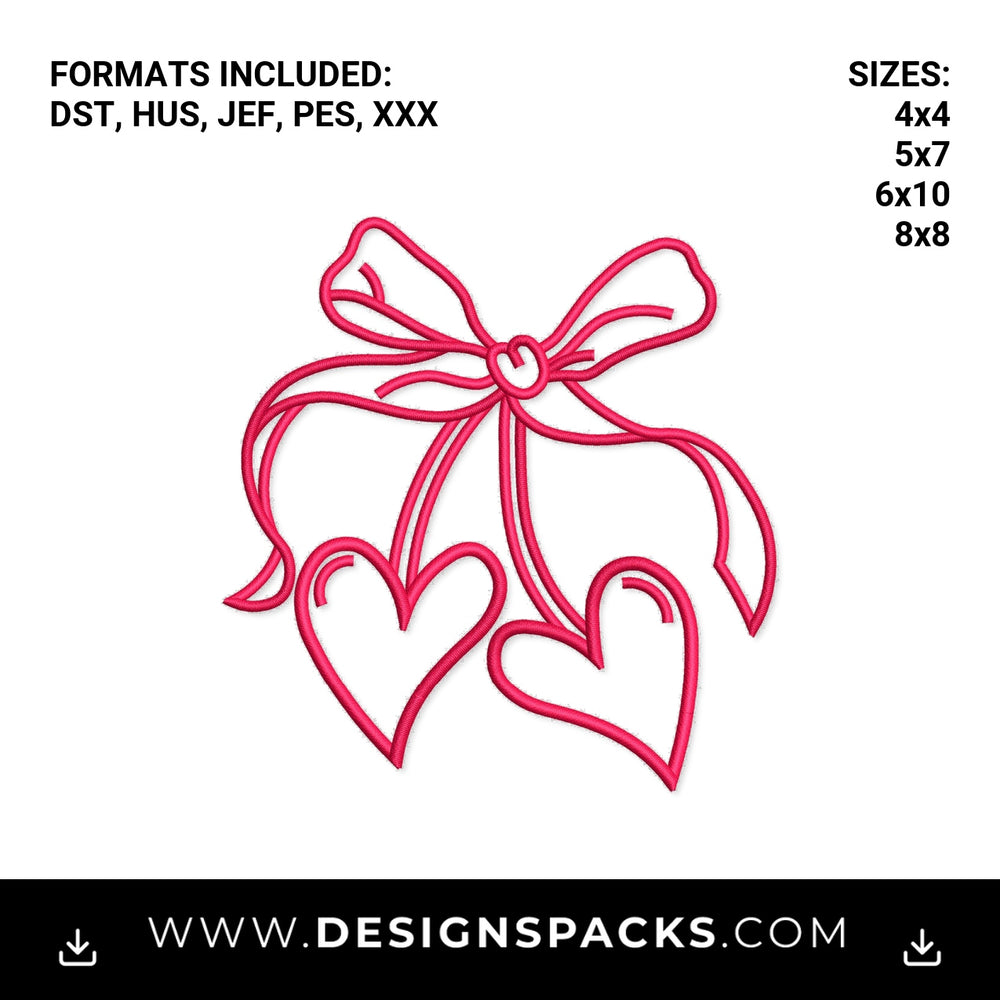 Pink Ribbon Bow with Heart Cherries Embroidery Design - Instant digital download pattern at Designspacks.com