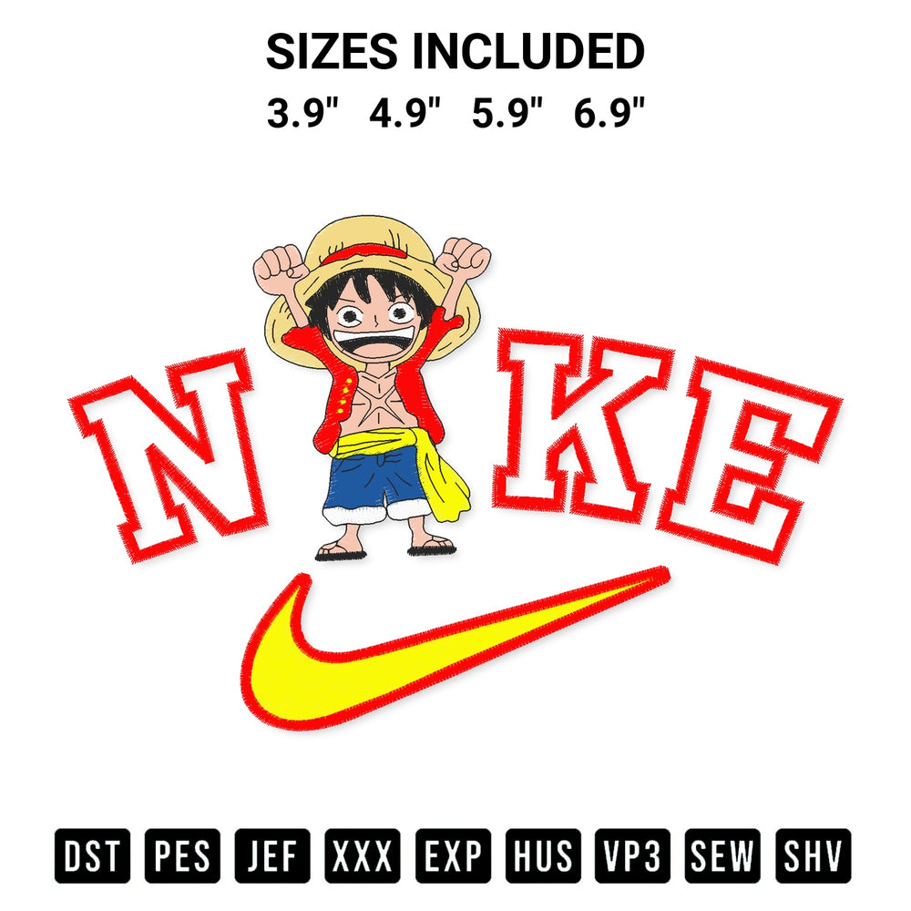 Get the One Piece Luffy Anime Logo Nike Embroidery Design embroidery design for your custom crafts! Premium digitized files available for instant download at Designspacks.com. Available sizes: 3.9", 4.9", 5.9", 6.9".