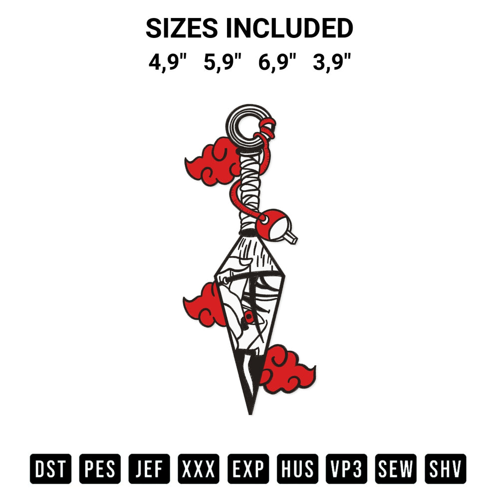 Get the Kunai Itachi Uchiha Logo Embroidery Design embroidery design for your custom crafts! Premium digitized files available for instant download at Designspacks.com. Available sizes: 4,9", 5,9", 6,9", 3,9".