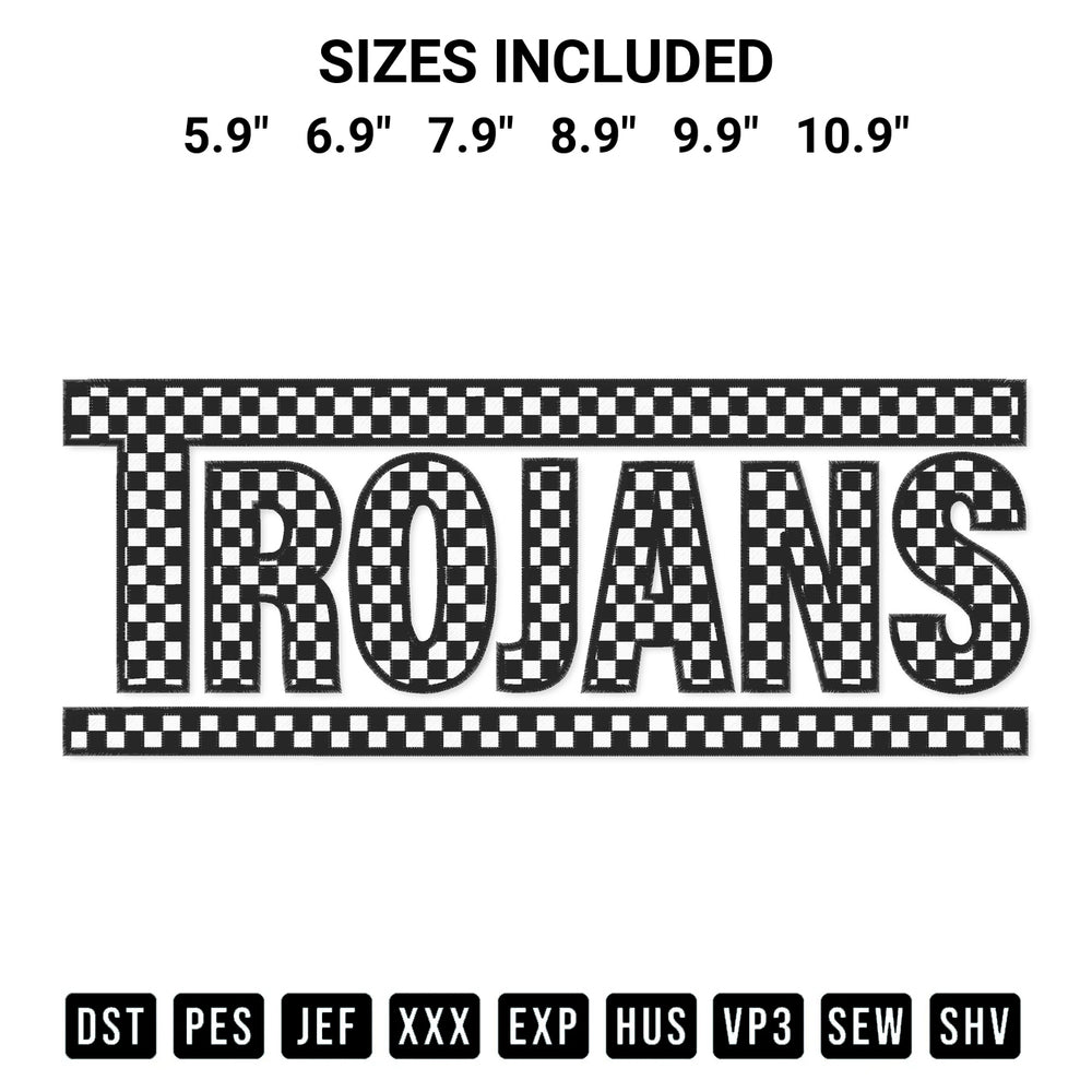 Add a unique touch to your apparel with the Checkered Trojans Embroidery Design embroidery file. Premium instant download available now on Designspacks.com. Available sizes: 5.9", 6.9", 7.9", 8.9", 9.9", 10.9".