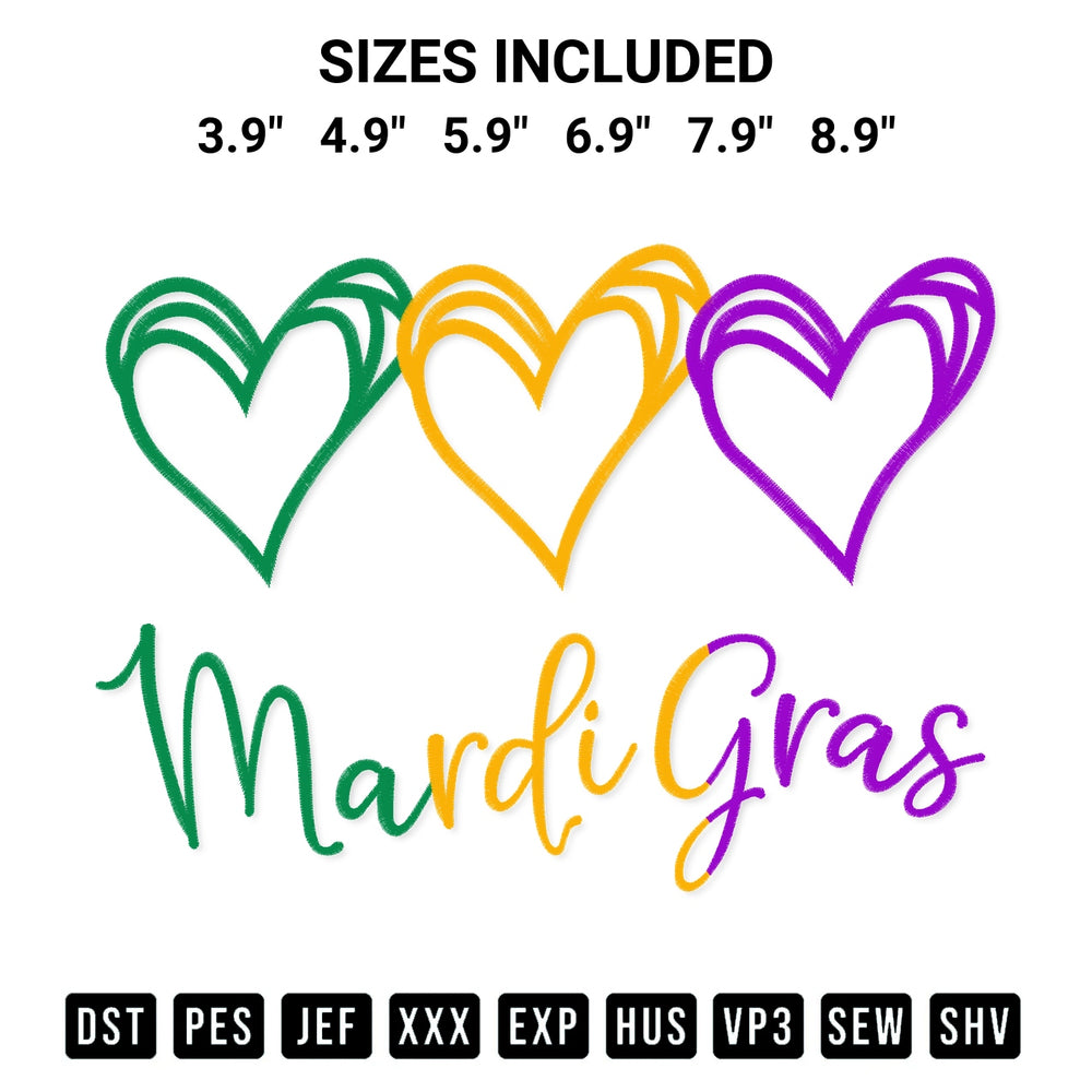 Get the Three Hearts Mardi Gras Embroidery Design embroidery design for your custom crafts! Premium digitized files available for instant download at Designspacks.com. Available sizes: 3.9", 4.9", 5.9", 6.9", 7.9", 8.9".