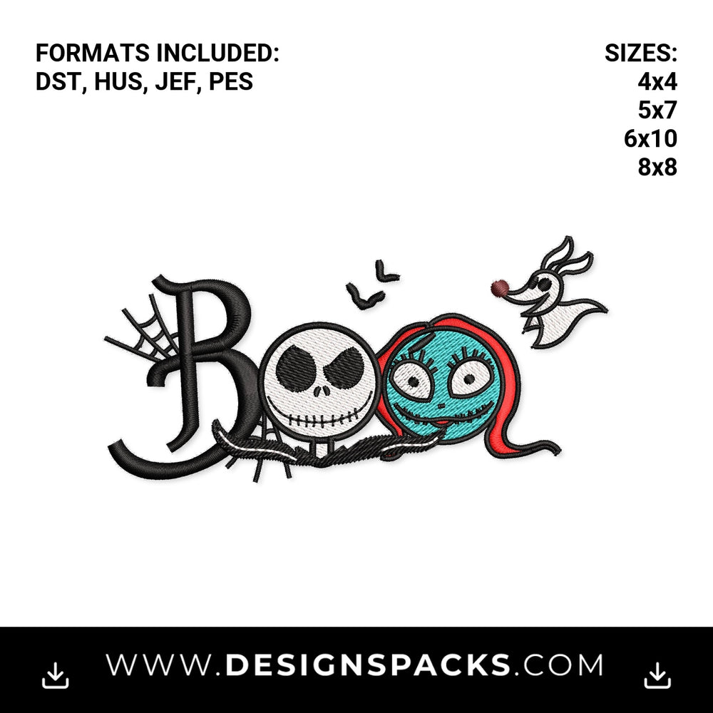 Jack Sally Zero Halloween Boo Embroidery Design - Instant digital download pattern at Designspacks.com