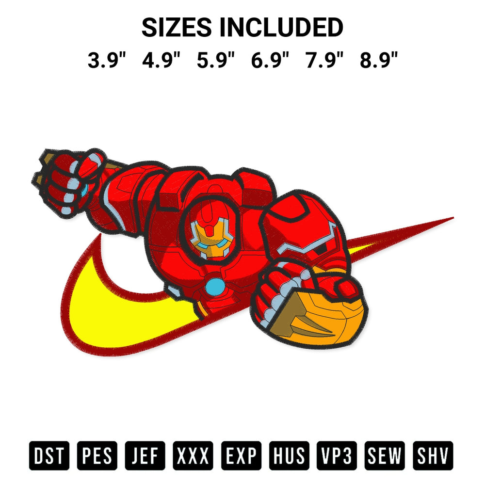 Add a unique touch to your apparel with the Swoosh Iron Man Embroidery Design embroidery file. Premium instant download available now on Designspacks.com. Available sizes: 3.9", 4.9", 5.9", 6.9", 7.9", 8.9".