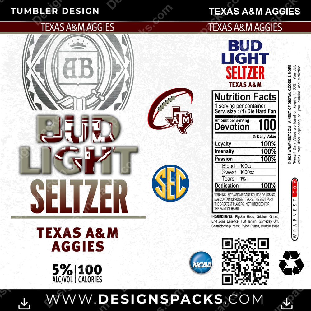 College Sport Bud Light Seltzer Texas A&M Aggies NCAA College Sport Tumbler Digital Wrap Design Download