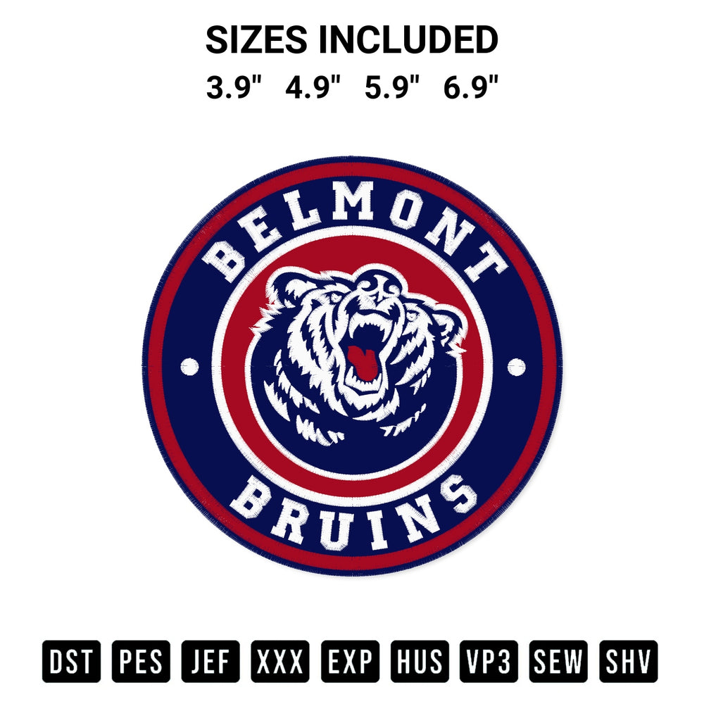 Download the Belmont Bruins Circle Logo Embroidery Design machine embroidery design exclusively at Designspacks.com. Premium digitized pattern for apparel and DIY crafts. Available sizes: 3.9", 4.9", 5.9", 6.9".