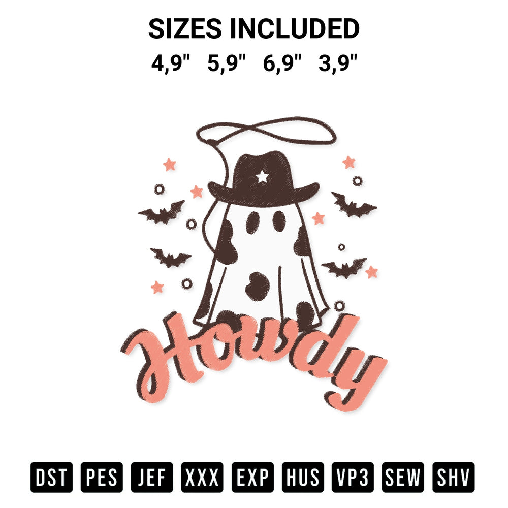 Discover the perfect addition to your crafting collection: Howdy Cowboy Western Ghost Boo Haw Western Cowboy Halloween Logo Embroidery Design embroidery file. Instantly available at Designspacks.com. Available sizes: 4,9", 5,9", 6,9", 3,9".