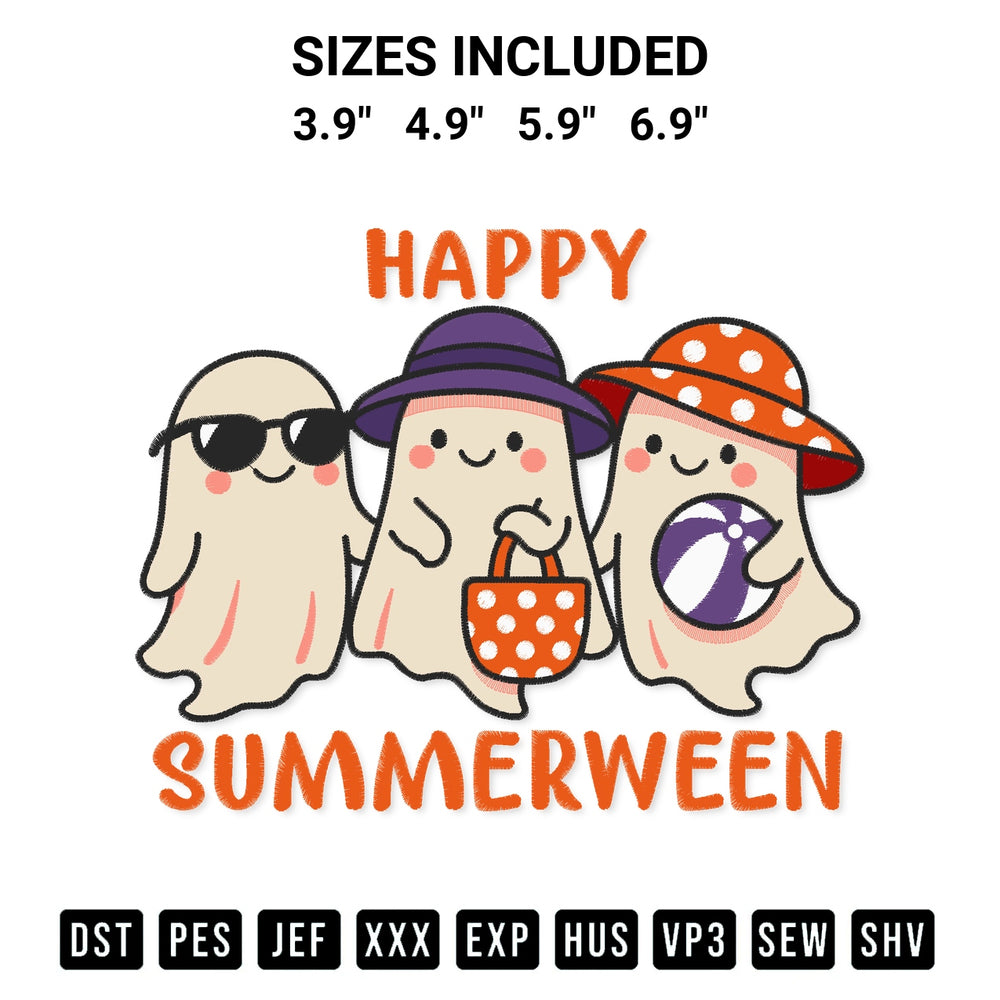 Transform your fabrics with the Happy Summerween Embroidery Design embroidery design. Instant access to premium digitized patterns at Designspacks.com. Available sizes: 3.9", 4.9", 5.9", 6.9".