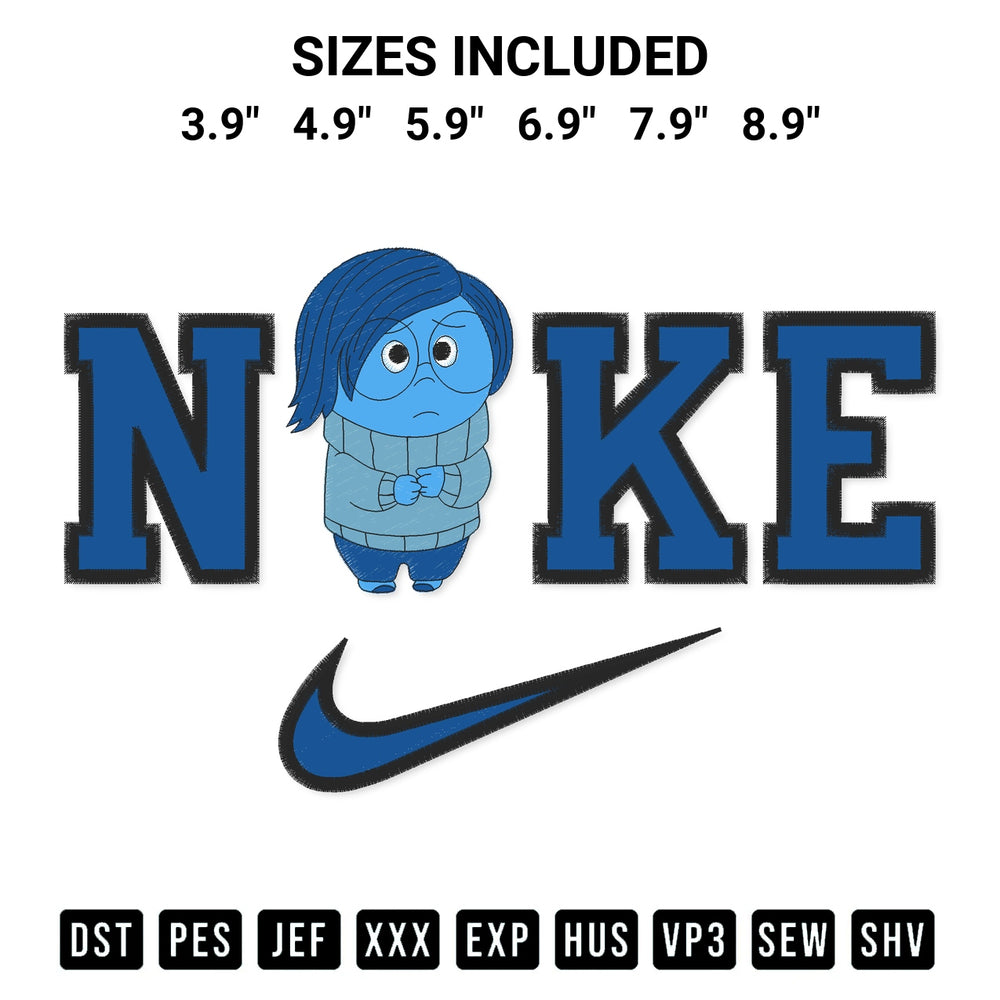 Discover the perfect addition to your crafting collection: Nike Sadness Inside Out 2 Embroidery Design embroidery file. Instantly available at Designspacks.com. Available sizes: 3.9", 4.9", 5.9", 6.9", 7.9", 8.9".