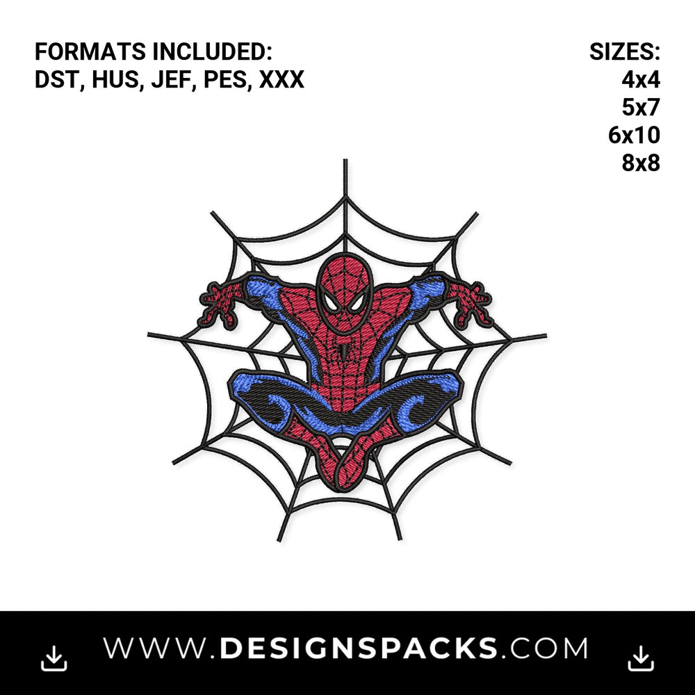 Spider-Man Crouching on Web Pattern Embroidery Design - Instant digital download pattern at Designspacks.com