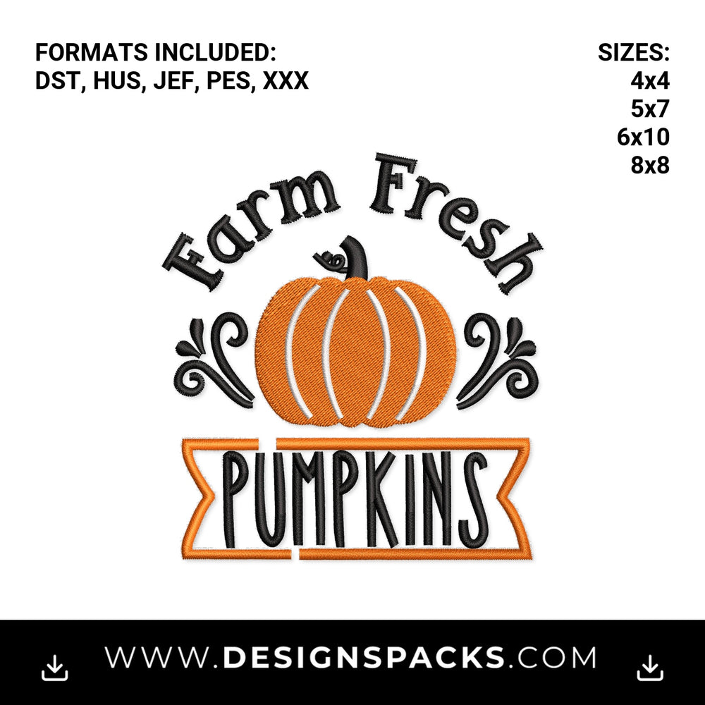 Farm Fresh Pumpkins Fall Harvest Embroidery Design - Instant digital download pattern at Designspacks.com