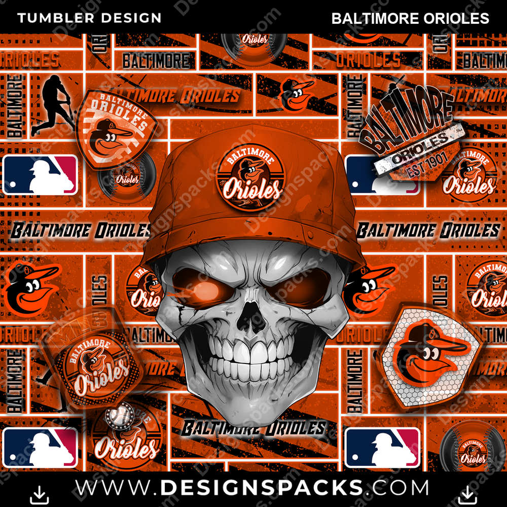 Baseball Skull Baltimore Orioles Tumbler Digital Wrap Design