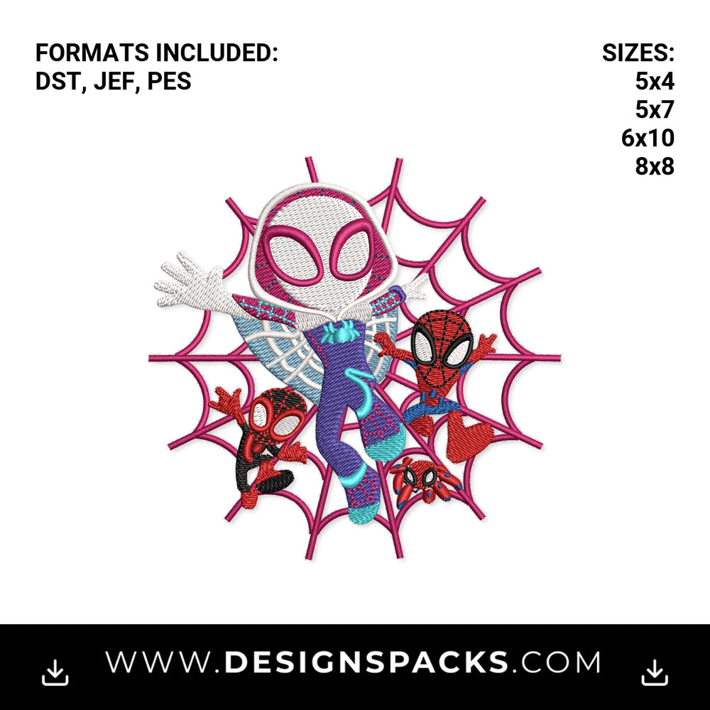 Ghost Spider & Spidey Friends Web Embroidery Design - Instant digital download pattern at Designspacks.com