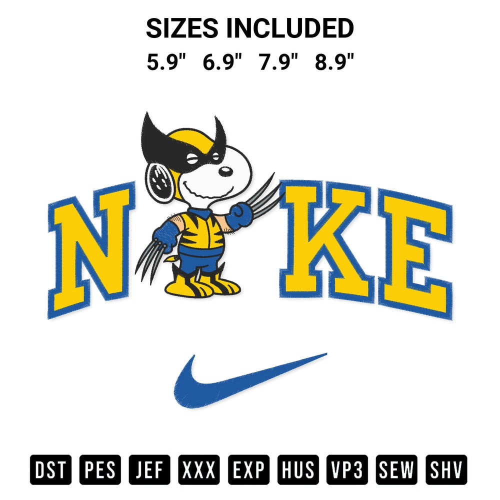 Discover the perfect addition to your crafting collection: Snoopy Wolverine X Nike Embroidery Design embroidery file. Instantly available at Designspacks.com. Available sizes: 5.9", 6.9", 7.9", 8.9".