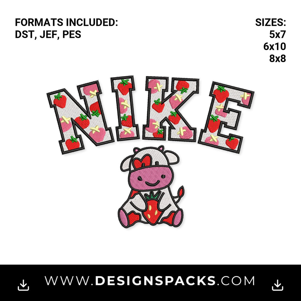 Strawberry Cow Nike Varsity Embroidery Design - Instant digital download pattern at Designspacks.com