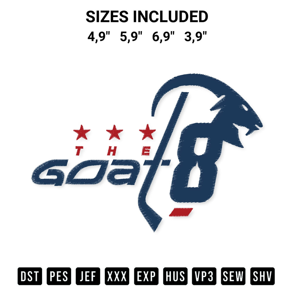 Download the 8 Alex Ovechkin The Goat Embroidery Design machine embroidery design exclusively at Designspacks.com. Premium digitized pattern for apparel and DIY crafts. Available sizes: 4,9", 5,9", 6,9", 3,9".