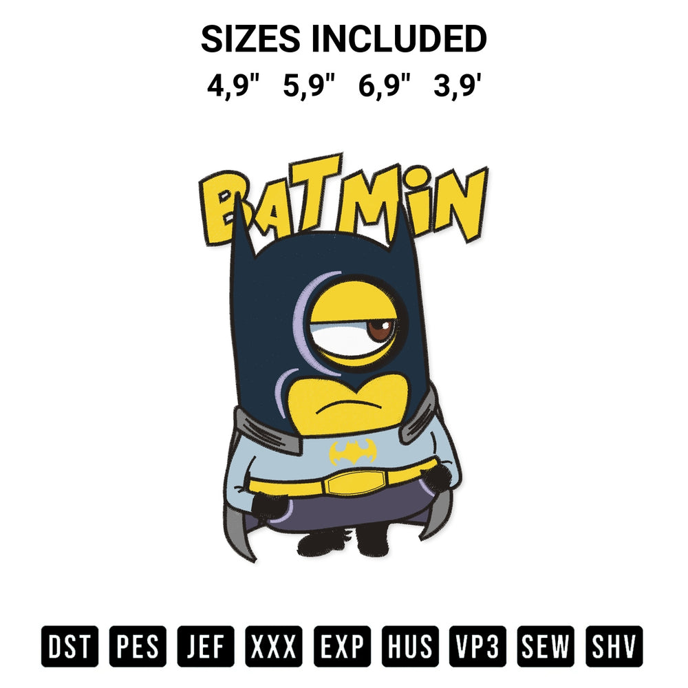 Stitch like a pro with the Minion Batman Bat Min Superhelo Logo Embroidery Design embroidery pattern from Designspacks.com. High-quality digital machine embroidery file. Available sizes: 4,9", 5,9", 6,9", 3,9'.