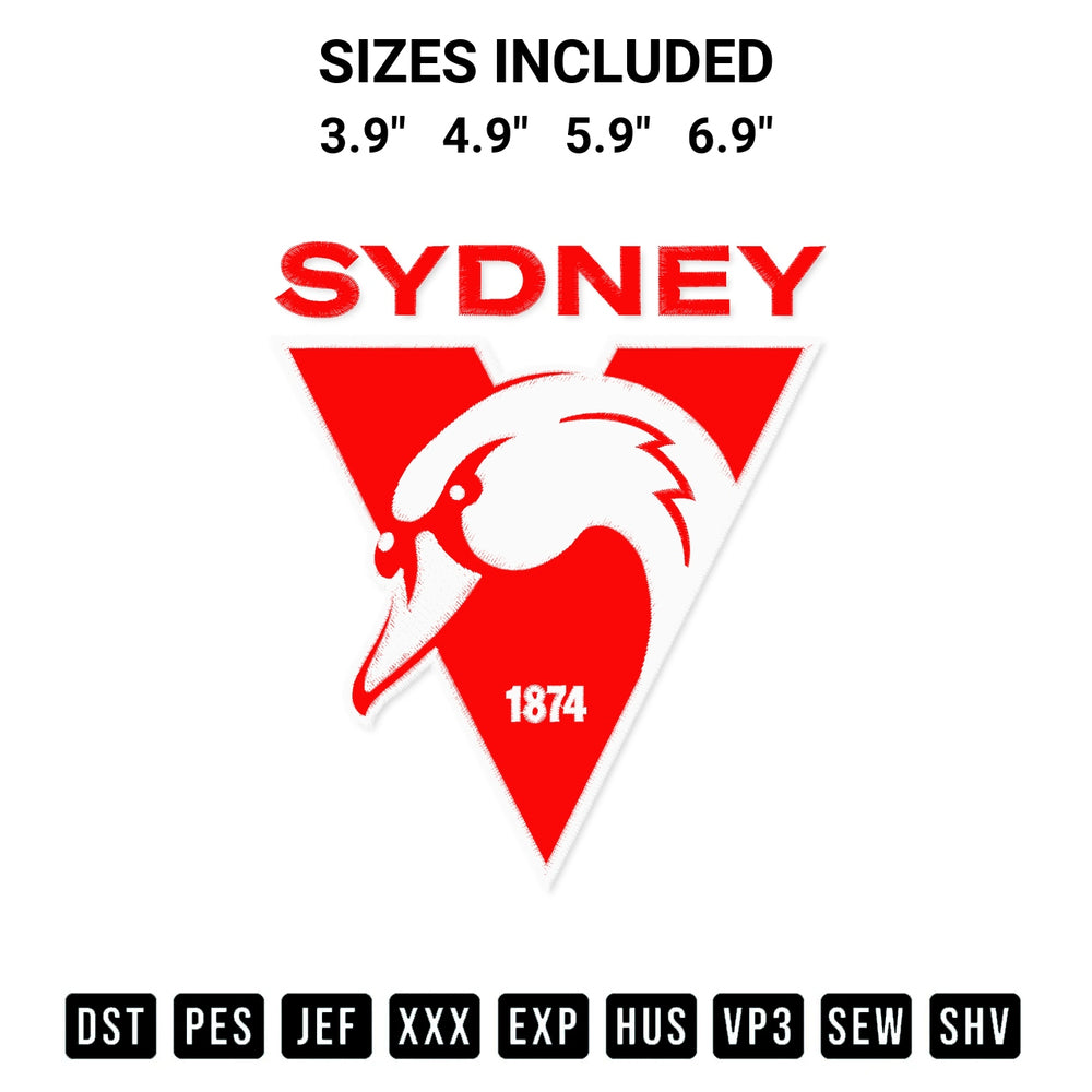 Create amazing crafts with the Afl Sydney Swans Logo Embroidery Design embroidery file. High-quality digital download from Designspacks.com, perfect for beginners and pros. Available sizes: 3.9", 4.9", 5.9", 6.9".
