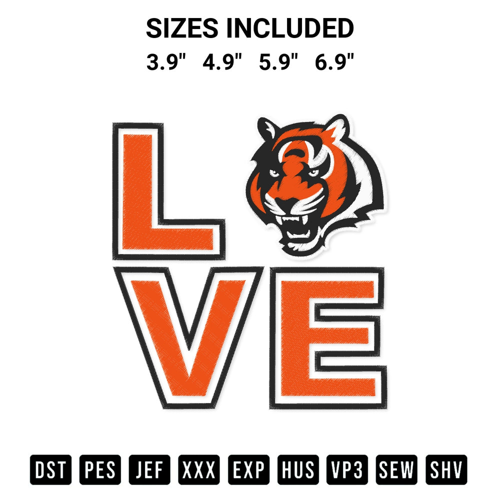 Transform your fabrics with the Love Cincinnati Bengals Embroidery Design embroidery design. Instant access to premium digitized patterns at Designspacks.com. Available sizes: 3.9", 4.9", 5.9", 6.9".