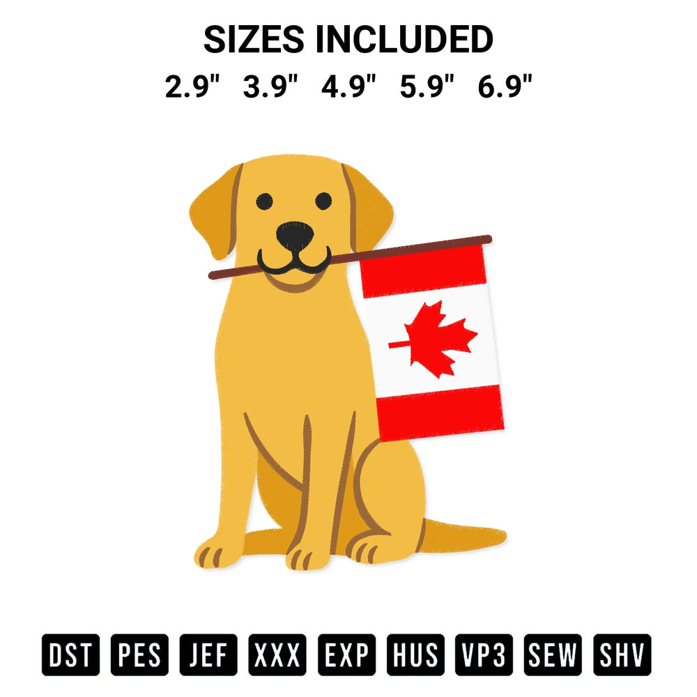Create amazing crafts with the Labrador Dog Holding Canadian Flag Embroidery Design embroidery file. High-quality digital download from Designspacks.com, perfect for beginners and pros. Available sizes: 2.9", 3.9", 4.9", 5.9", 6.9".