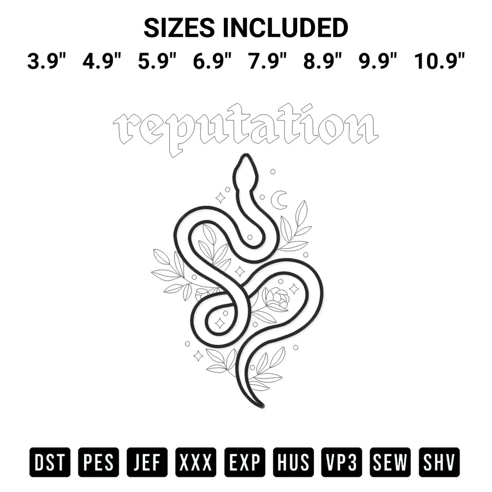 Stitch like a pro with the Taylor Swift Reputation Snake Embroidery Design embroidery pattern from Designspacks.com. High-quality digital machine embroidery file. Available sizes: 3.9", 4.9", 5.9", 6.9", 7.9", 8.9", 9.9", 10.9".