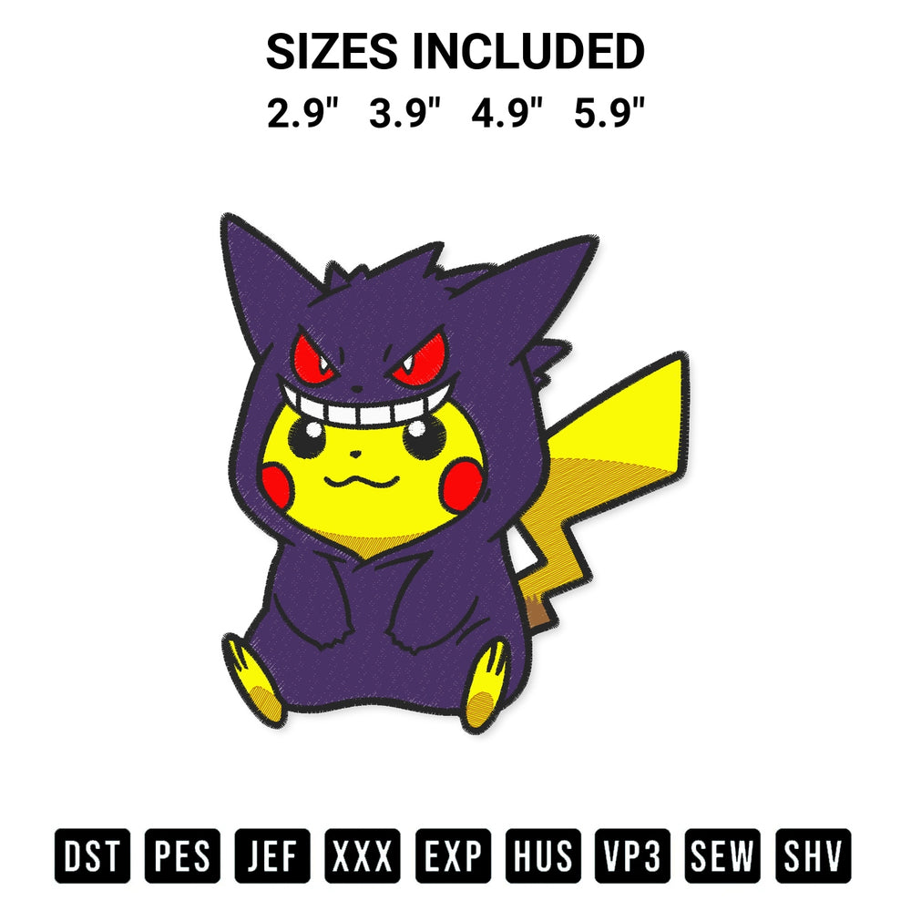 Stitch like a pro with the Pikachu Cosplay Gengar Embroidery Design embroidery pattern from Designspacks.com. High-quality digital machine embroidery file. Available sizes: 2.9", 3.9", 4.9", 5.9".