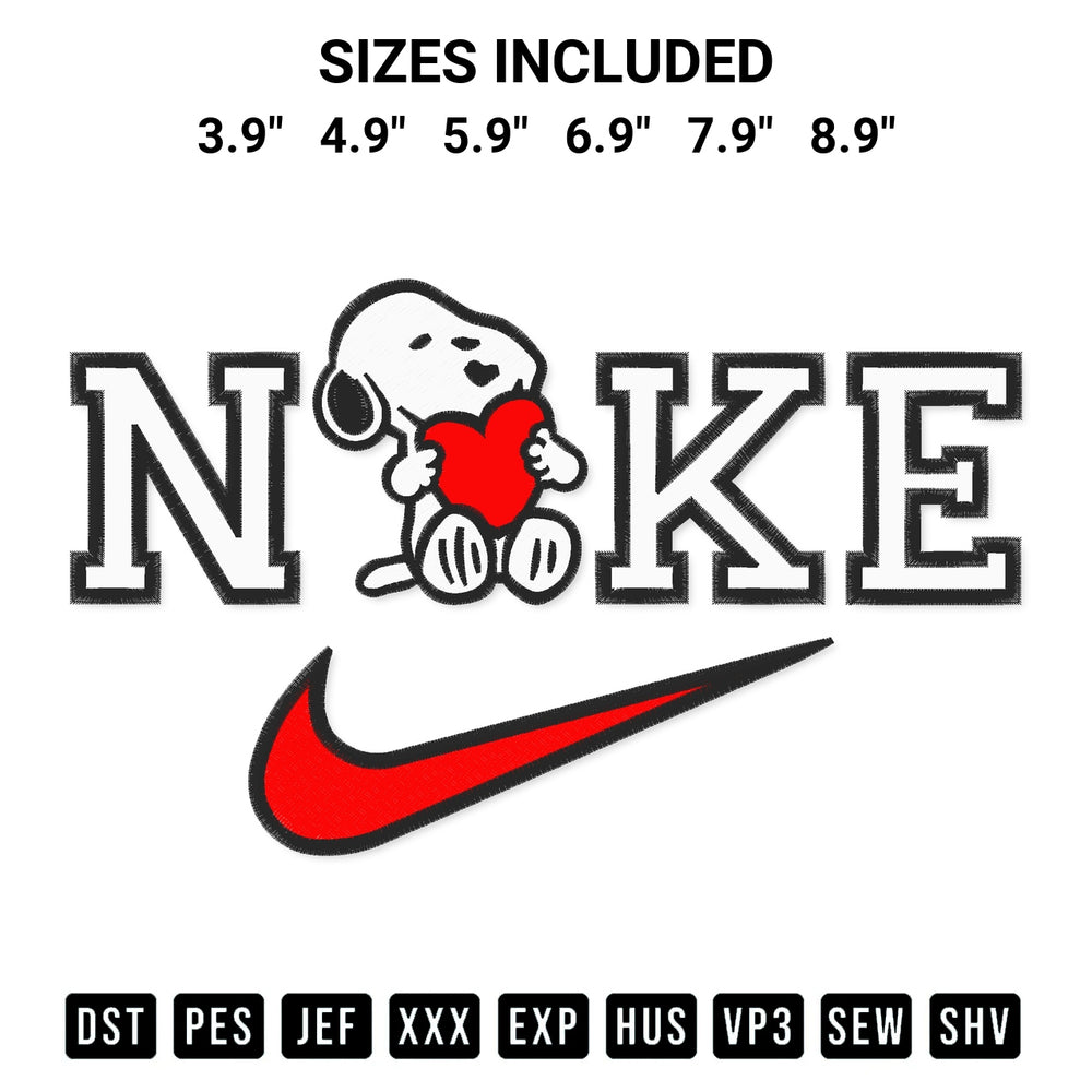 Add a unique touch to your apparel with the Nike Snoopy Heart Embroidery Design embroidery file. Premium instant download available now on Designspacks.com. Available sizes: 3.9", 4.9", 5.9", 6.9", 7.9", 8.9".