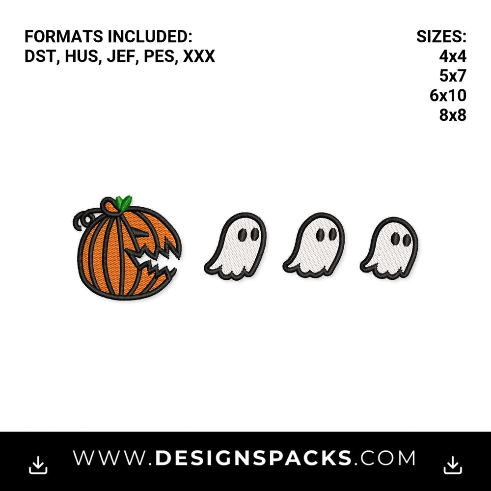Halloween Pumpkin Chasing Ghosts Embroidery Design - Instant digital download pattern at Designspacks.com