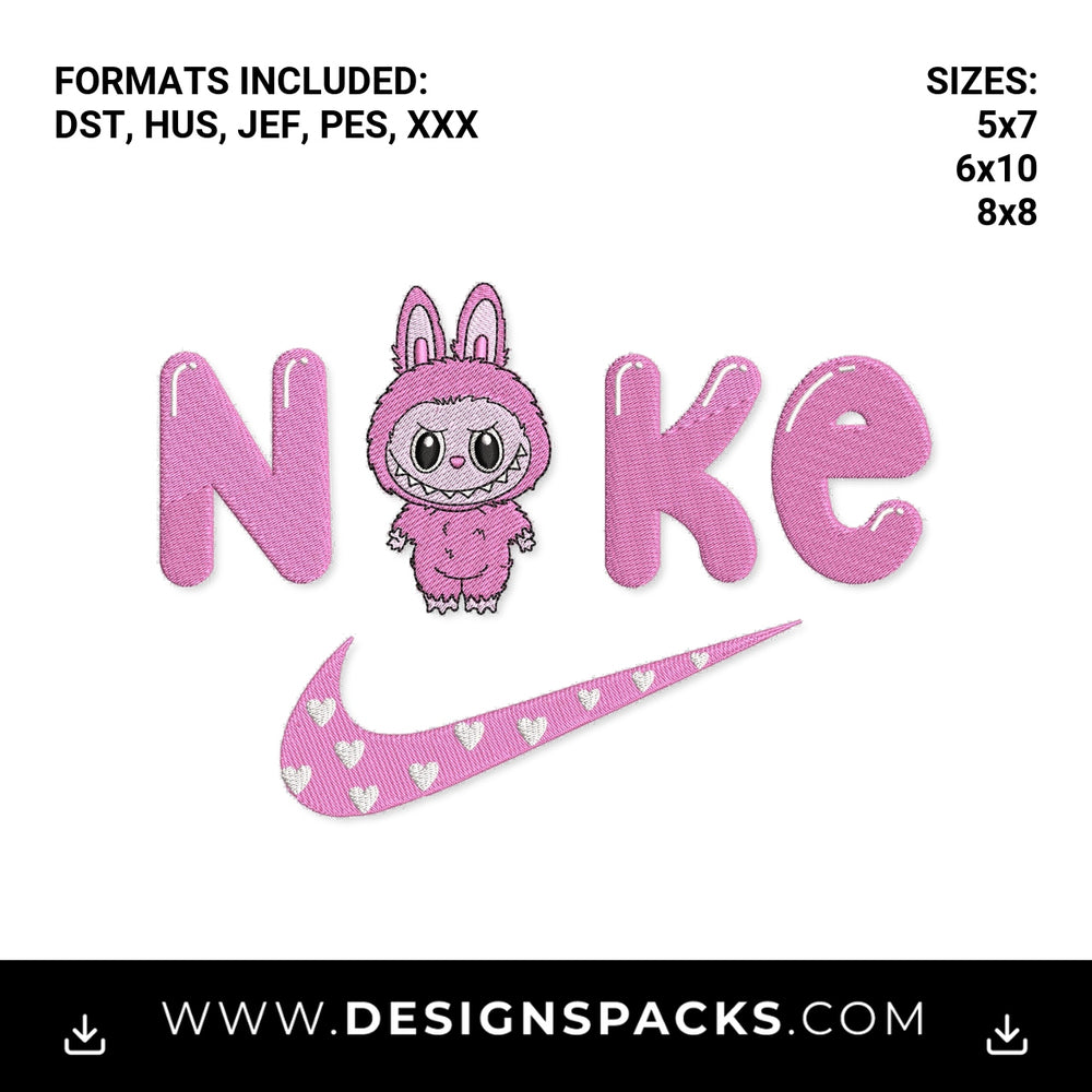 Pink Cute Monster Nike Heart Swoosh Embroidery Design - Instant digital download pattern at Designspacks.com