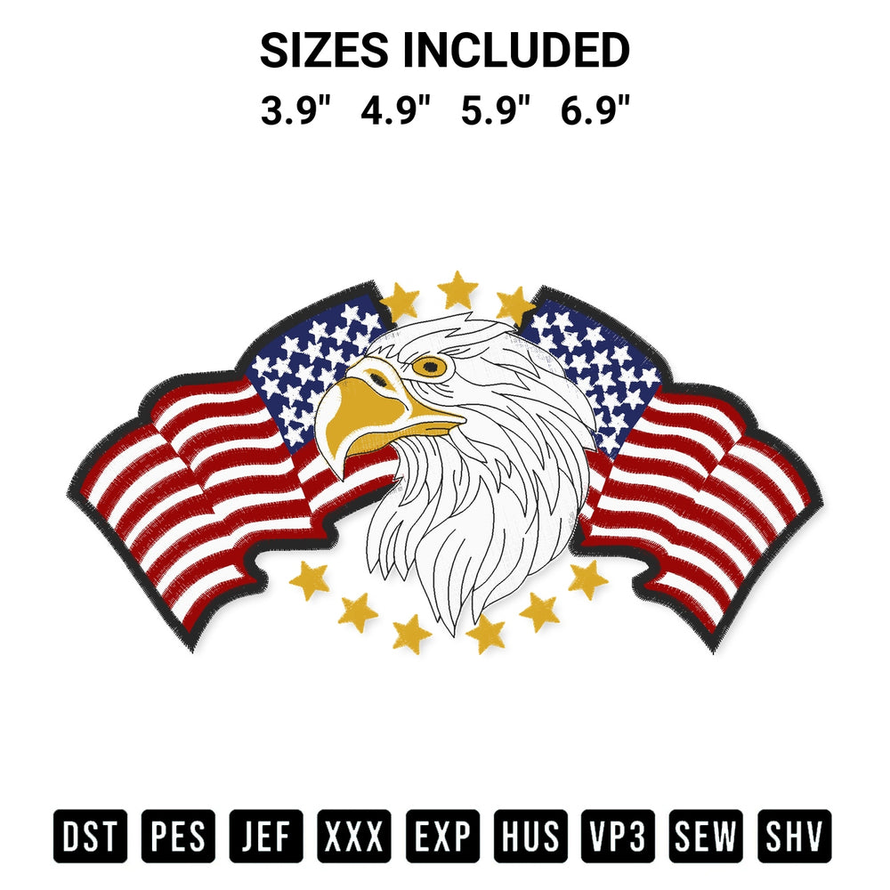 Stitch like a pro with the Usa Flag Eagle Embroidery Design embroidery pattern from Designspacks.com. High-quality digital machine embroidery file. Available sizes: 3.9", 4.9", 5.9", 6.9".