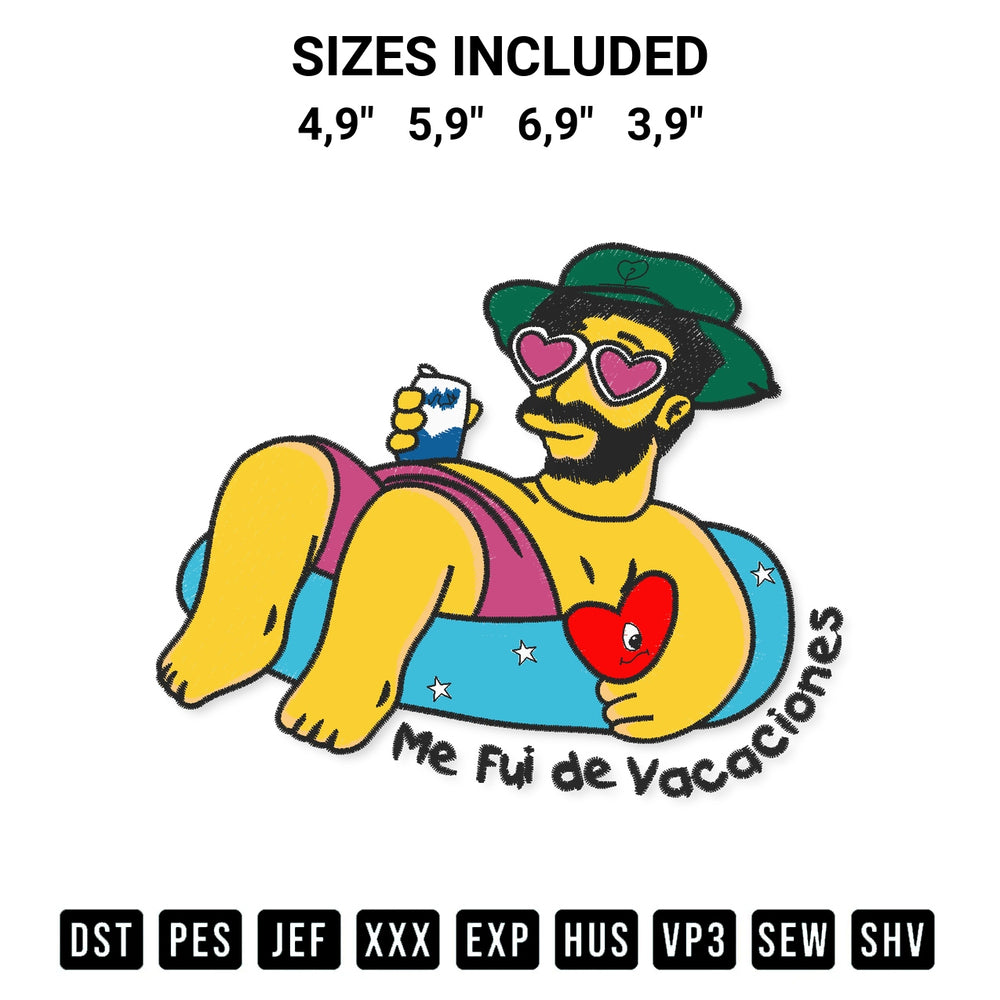 Get the Me Fui De Vacaciones Logo Embroidery Design embroidery design for your custom crafts! Premium digitized files available for instant download at Designspacks.com. Available sizes: 4,9", 5,9", 6,9", 3,9".